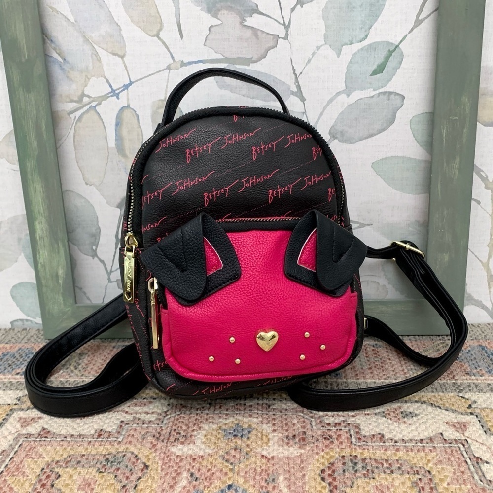 #64 Betsey Johnson Kitsch Puppy Black Pink Mini Backpack Tote Handbag Purse Bag